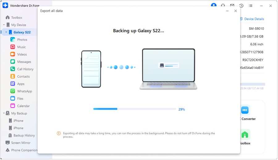 start exporting android data